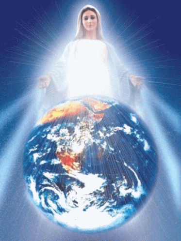 Woman in White Robe Over Blue Globe