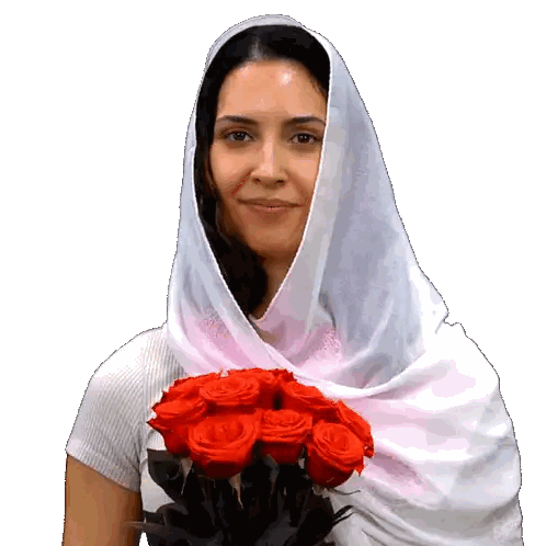 Woman in White Scarf Holding Red Roses