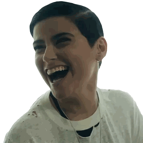 Woman in White Shirt Laughing with Mouth Wide Open