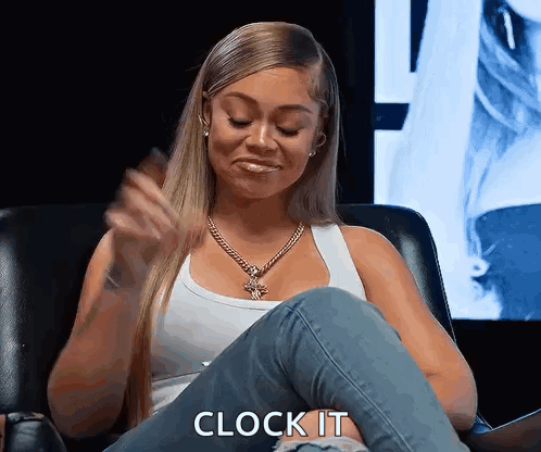 Woman In White Tank Top And Jeans Saying Clock It GIF