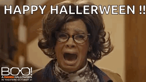 Woman in Wig and Glasses Screaming Happy Halloween
