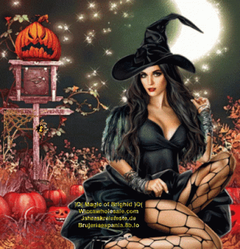 Woman In Witch Costume In Front Of Pumpkin GIF
