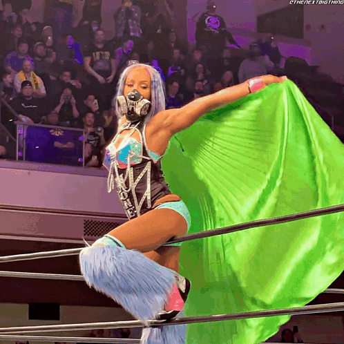 Woman in Wrestling Ring With Green Cape and Mask