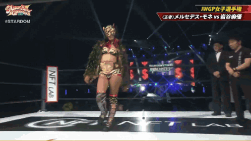 Woman in Wrestling Ring With Net Lam Sign