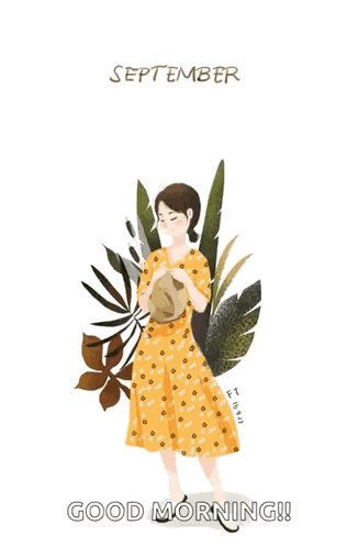 Woman in Yellow Dress Holding Potted Plant With Falling Leaves