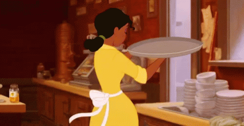 Woman In Yellow Dress Holding Tray GIF
