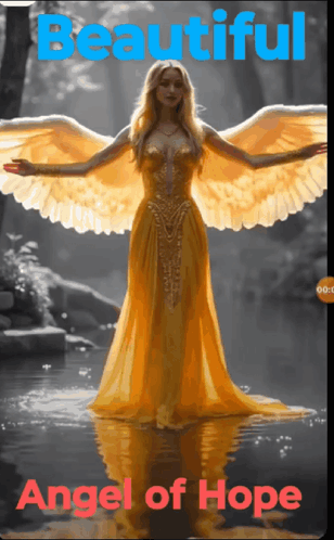 Woman In Yellow Dress With Angel Wings Standing In Water GIF