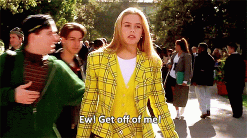 Woman In Yellow Plaid Jacket Saying Ew Get Off Of Me