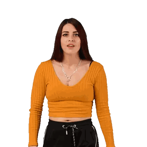Woman In Yellow Sweater With Hands Up