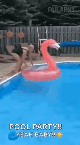 Woman Jumping Into Pool With Flamingo Float