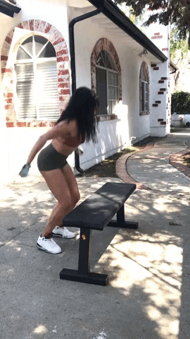 Woman Jumping On Bench Squats GIF