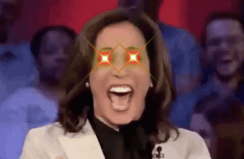 Woman Laughing in Front of Crowd With Red Eyes