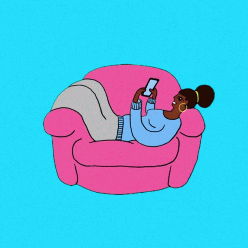 Woman Laying in Pink Chair Saying Stay Home and Get on Your Phone