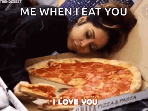 Woman Laying On Bed Next To Pizza Box Saying Me When I Eat You GIF