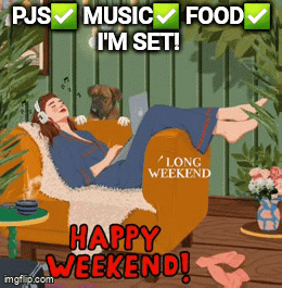 Woman Laying on Couch With Laptop and Dog Saying Happy Weekend