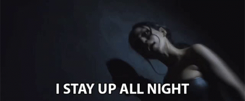 Woman Laying on Floor Saying I Stay Up All Night