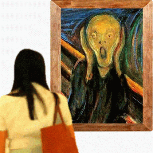 Woman Looking At Framed Screaming Face GIF