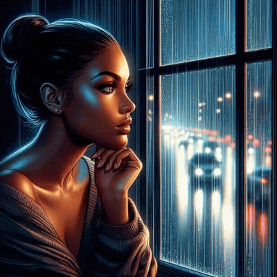 Woman Looking Out Window at Night