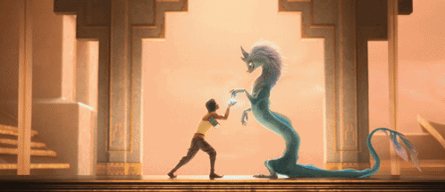 Woman Next to Blue Dragon Standing on Hind Legs