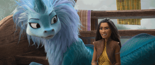 Woman Next To Blue Dragon With Purple Hair GIF