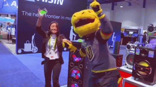 Woman Next to Mascot in Golden Knights Jersey