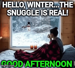 Woman on Bed Looking Out Window with Snowman