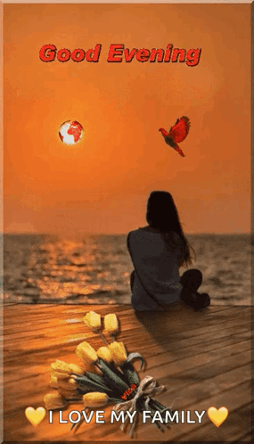Woman on Pier Bouquet Flying Parrot Good Evening