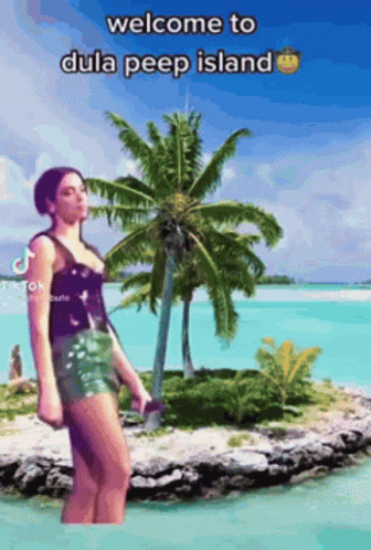 Woman on Small Island with Palm Trees
