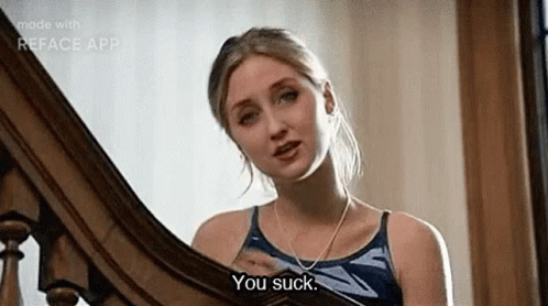 Woman On Stairs Looking In Mirror Saying You Suck GIF