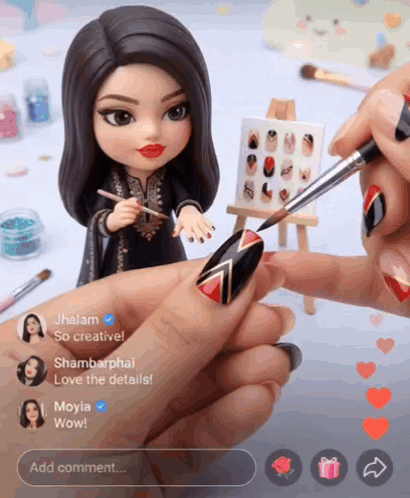 Woman Painting Doll Nails With Brush at Easel
