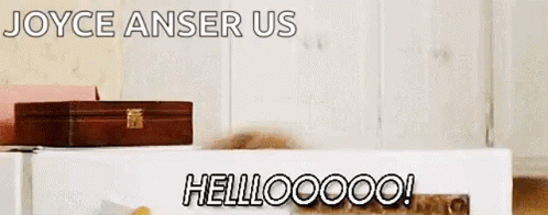 Woman Peeking Out of Box Saying Joyce Anser Us Hellooooo