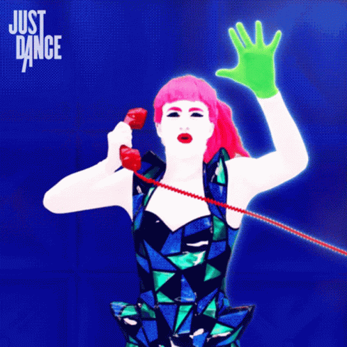 Woman Pink-Haired Green Gloves Red Phone Just Dance