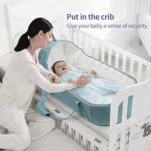Woman Putting Baby in Crib With Text Put in the Crib Give Your Baby Security
