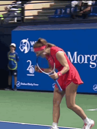 Woman Red Dress Holding Racquet Court Morning Sign