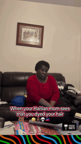 Woman Red Shirt Couch Haitian Mom Sees Dyed Hair GIF