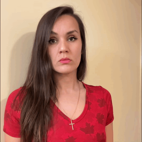 Woman Red Shirt Maple Leaves Cross Necklace