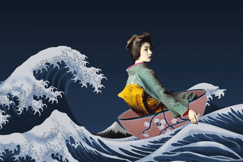 Woman Riding Along Japanese Wave GIF