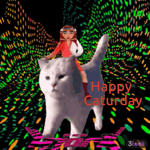 Woman Riding White Cat Happy Saturday