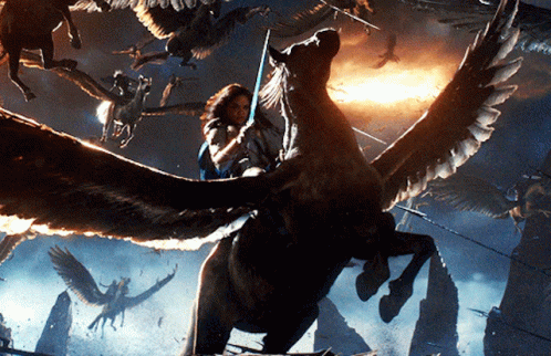 Woman Riding Winged Horse With Sword GIF