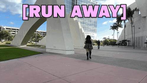 Woman Running in Front of Run Away Sign