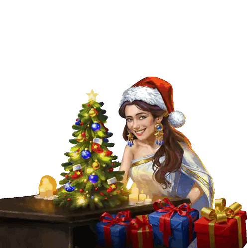 Woman Santa Next to Tree and Presents