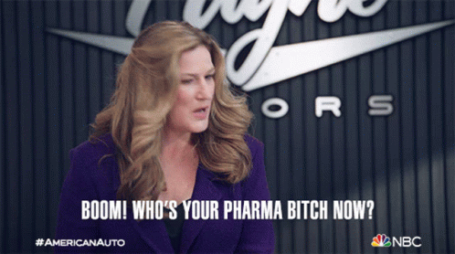 Woman Saying Boom Who's Your Pharma Bitch Now With NBC Logo GIF