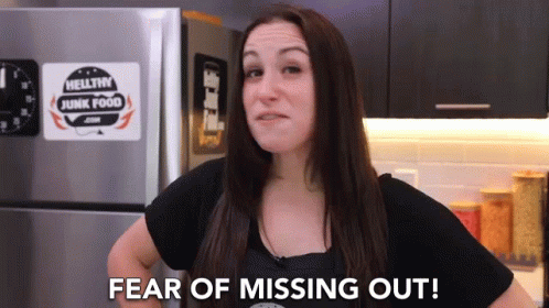 Woman Saying Fear of Missing Out at Healthy Junk Food Fridge