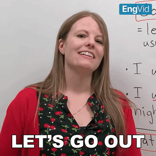 Woman Saying Let's Go Out In Front Of White Board GIF