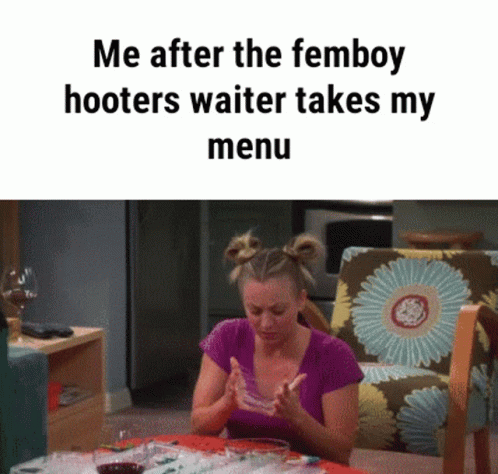 Woman Saying Me After Femboy Hooters Waiter Takes My Menu GIF
