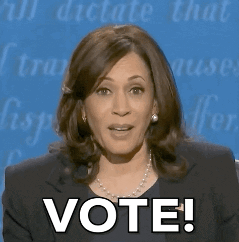Woman Saying Vote In Front Of Blue Wall GIF