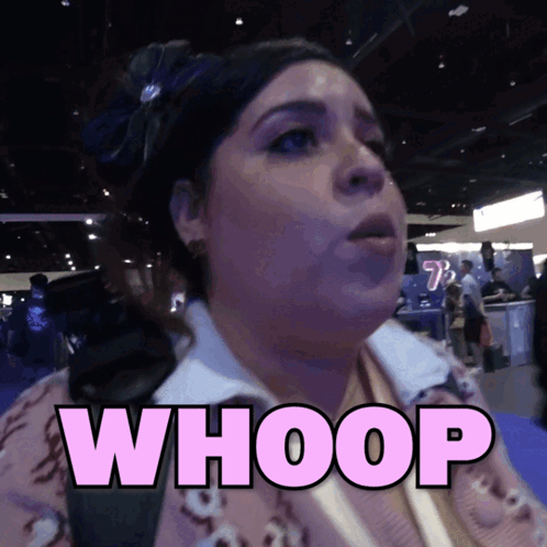 Woman Saying Whoop In Pink Letters On Blue Background GIF