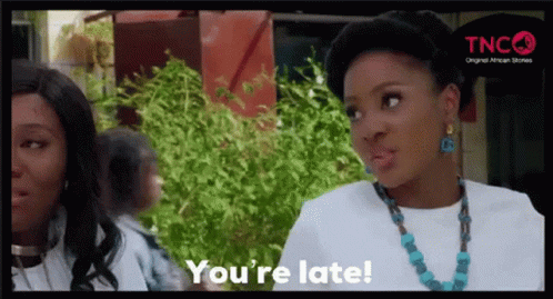 Woman Saying You're Late at TNC Logo