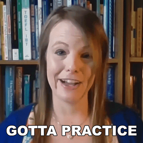 Woman Says Gotta Practice in Front of Bookshelf