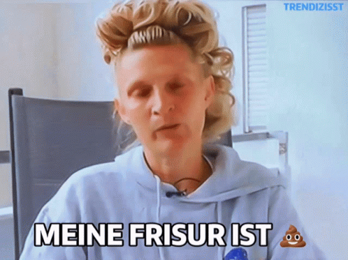 Woman Says Meine Frisur Ist With Poop Emoji GIF